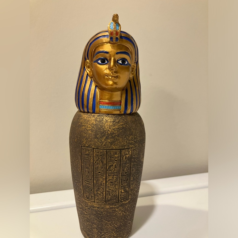 Golden Egyptian Pharaoh Canopic Jar, Pharaoh Bust Top, Text on Jar, 2001, EUC